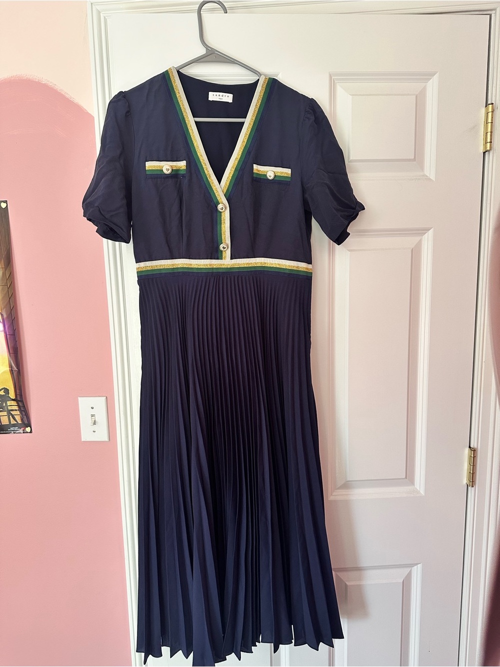 Sandro Navy Pleated Midi Dress with Green and Gold Trim